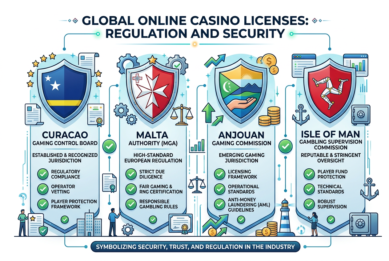 Infografika mezinárodních hazardních licencí symbolizující bezpečnost a regulaci