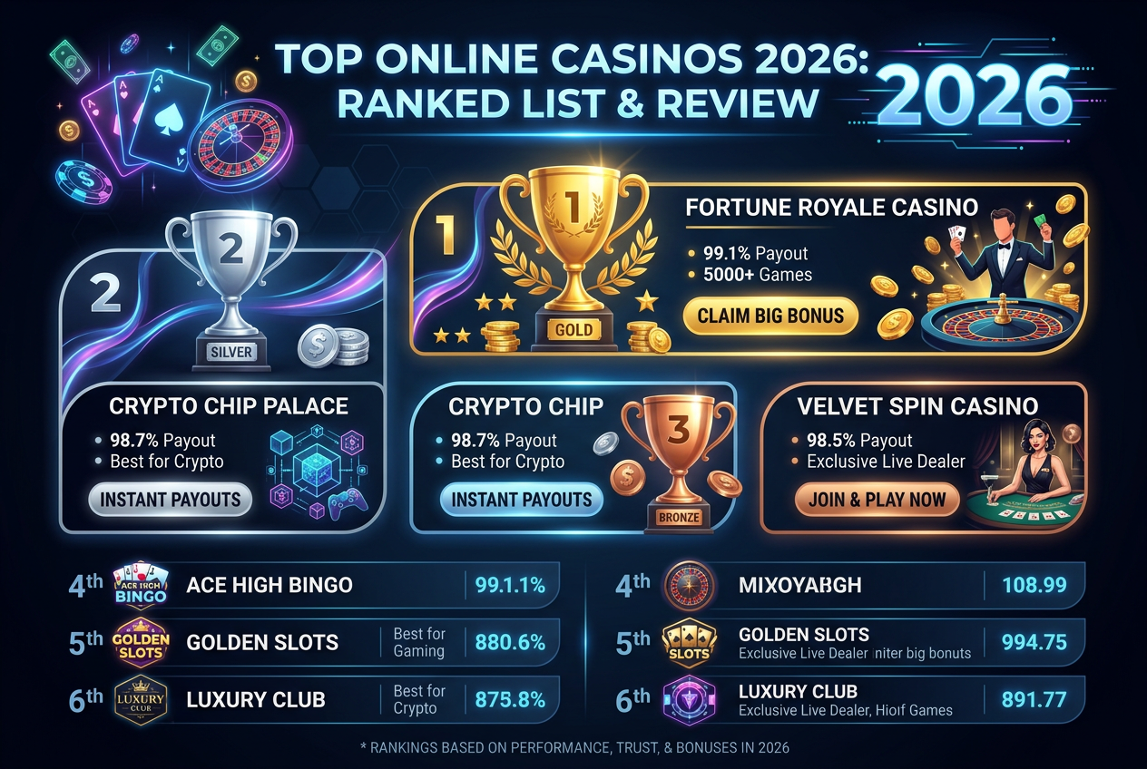 Infografika nejlepších online kasin pro rok 2026 s hodnocením a medailemi