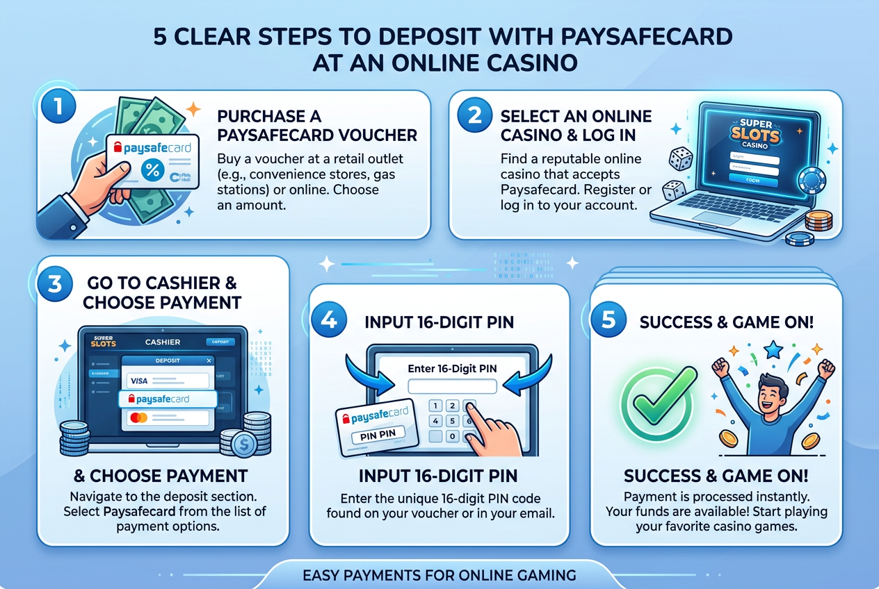 Infografika pěti kroků pro vklad přes Paysafecard do online kasina