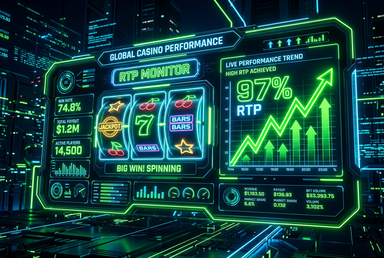 Moderní analytické rozhraní kasina s grafem RTP a symboly výherních automatů