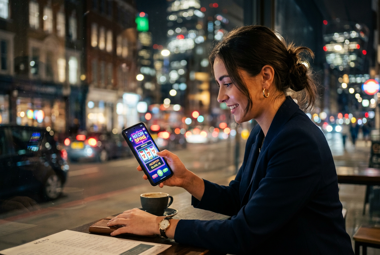 Hráč hrající na mobilním telefonu v online kasinu Spinight na pozadí městských světel