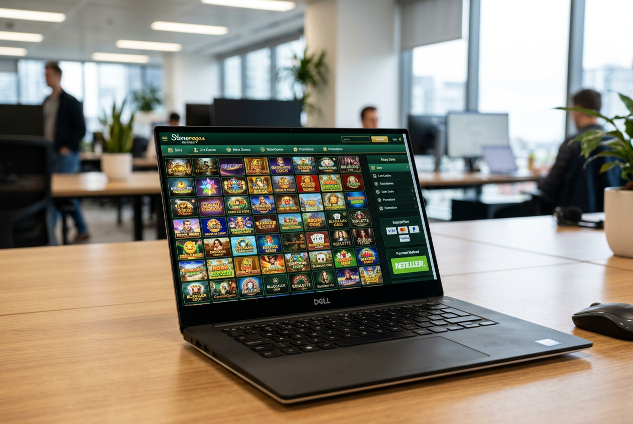 Rozhraní online kasina Stonevegas s nabídkou tisíců her a platební metodou Neteller